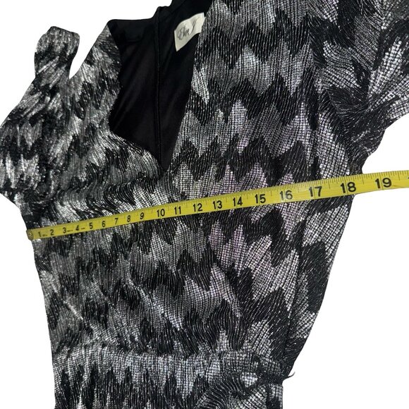 Eliza J.  Black/Silver Metallic Chevron Faux Wrap Dress Sz 14 - Picture 10 of 14